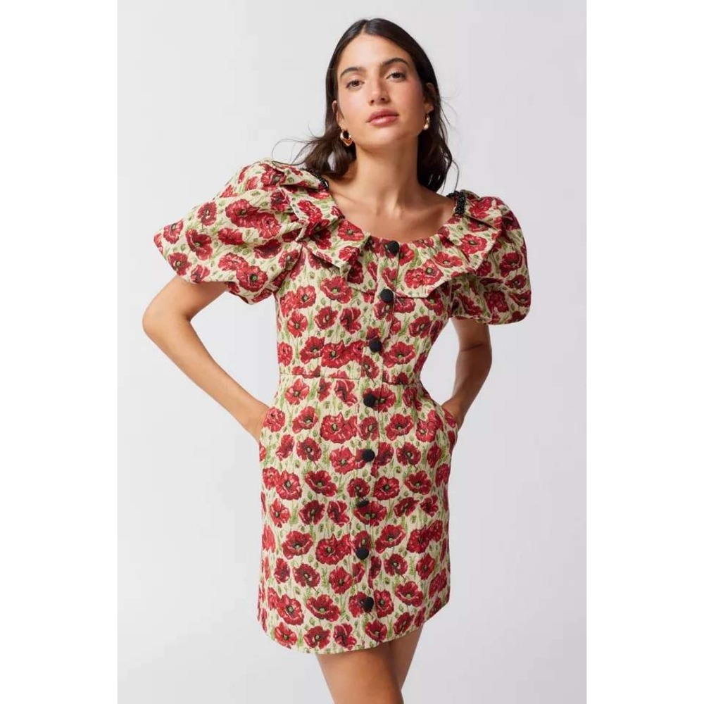 Sister Jane Red Shirley Poppy Floral Tapestry Mini Dress Ruffle Puff Sleeve M
